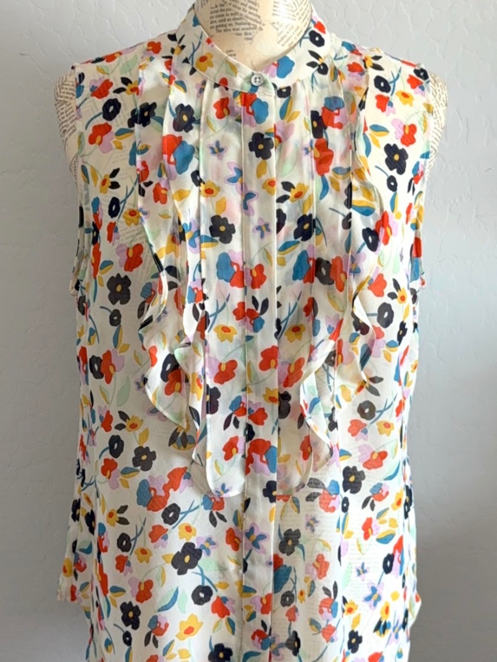 CABI Ruffle Front Sheer Floral Sleeveless Top Blouse L